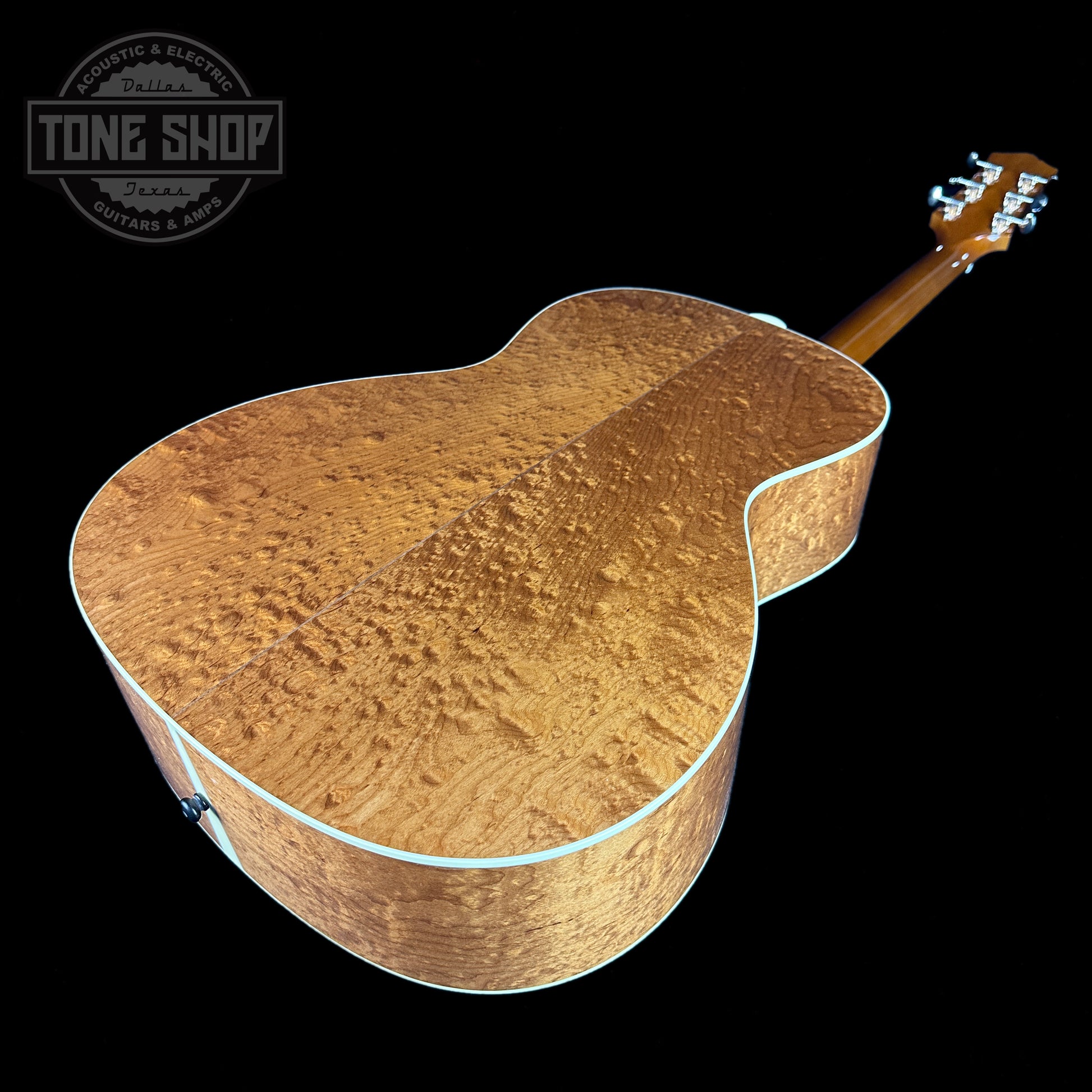 Back angle of Collings C10 Deep Body Western Sunburst Sitka/Bubble Maple.