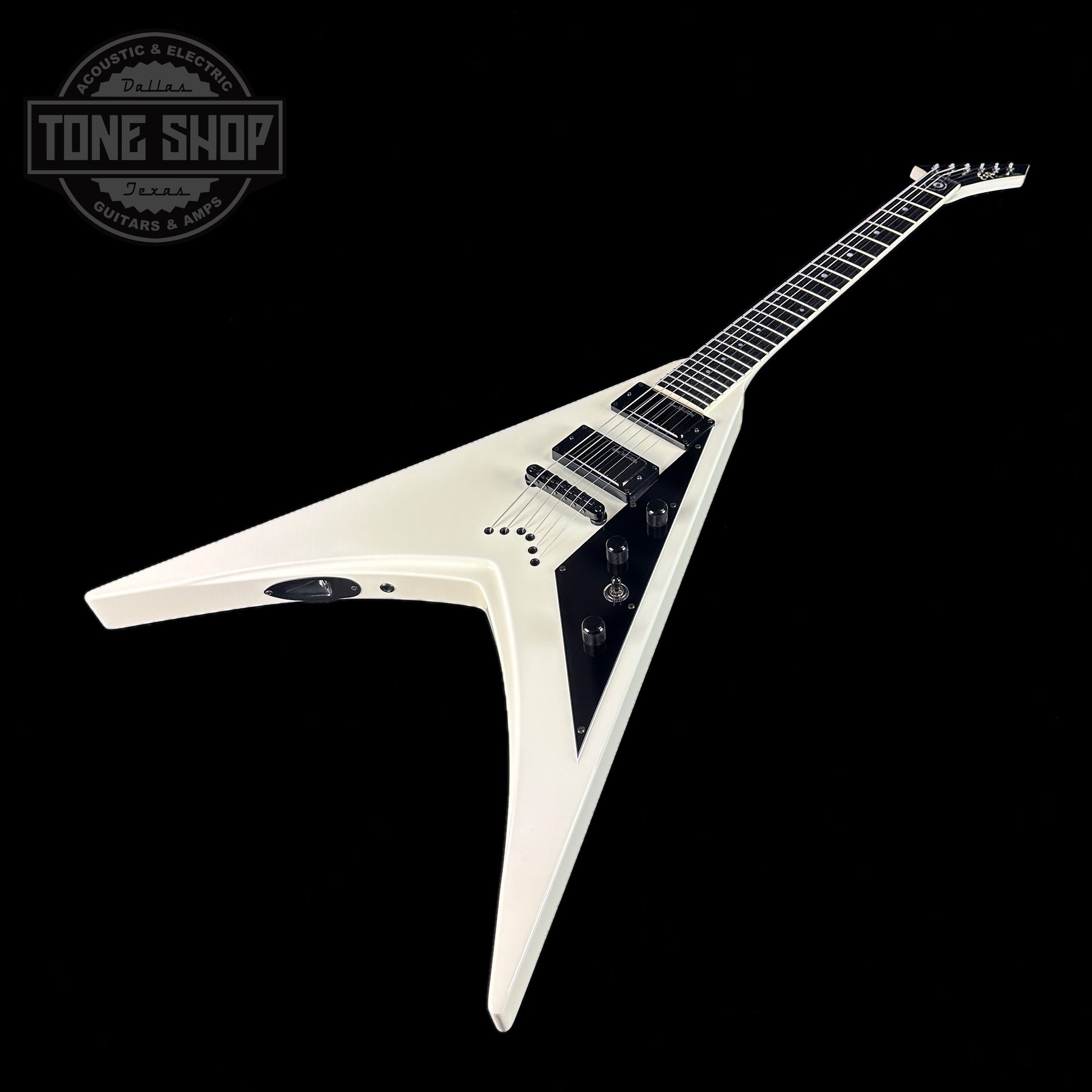 Front angle of Used ESP Custom Shop DV8 Dave Mustaine White.