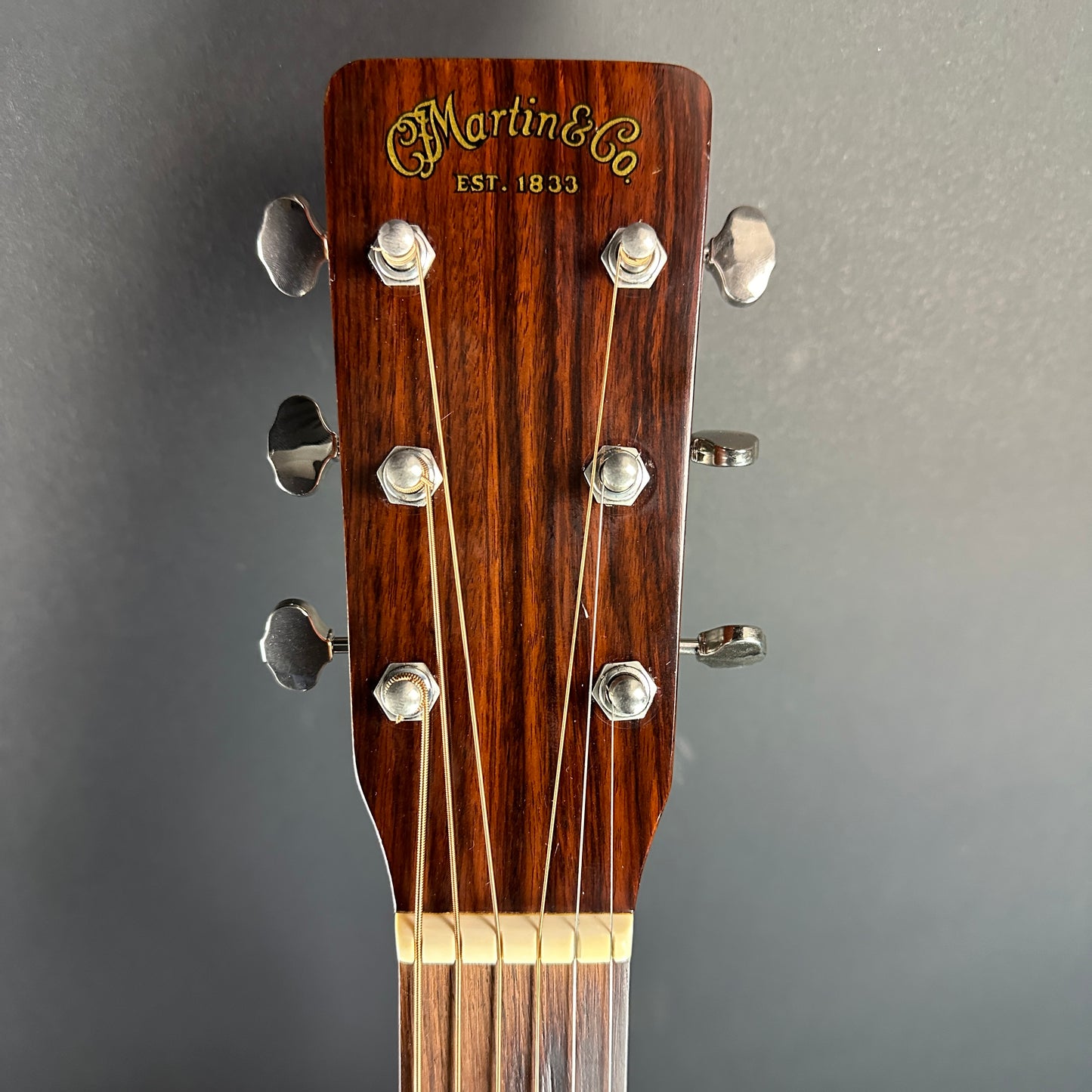 Front of headstock of Vintage 1971 Martin 0-18.