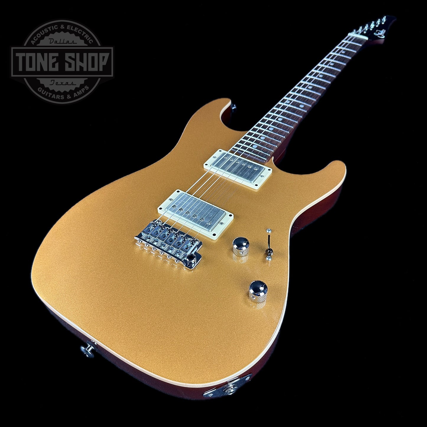 Front angle of Used Suhr Pete Thorn Signature Standard Vintage Gold.