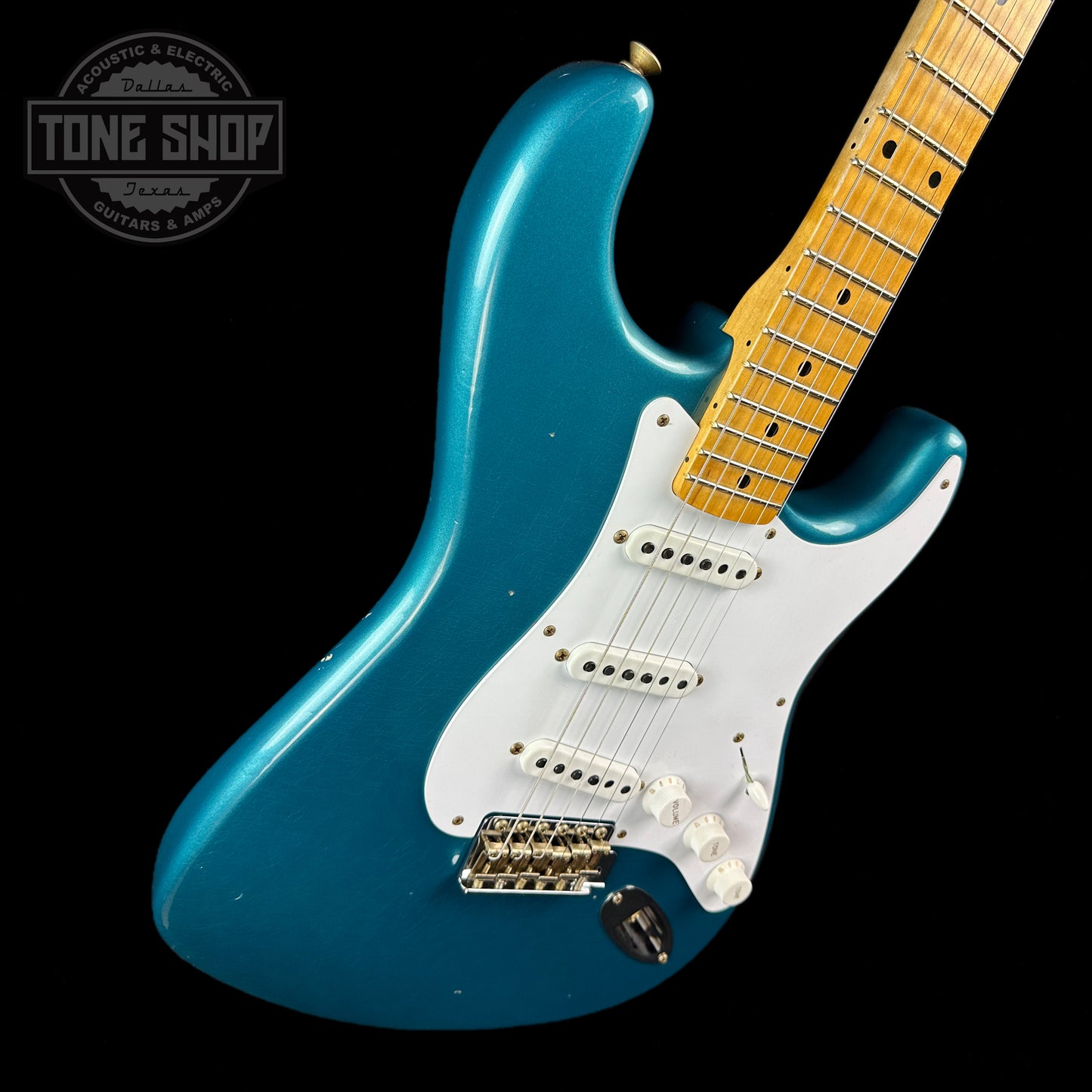 Front angle of Fender Custom Shop LTD 70th Anniversary 1954 Stratocaster Ocean Turquoise.