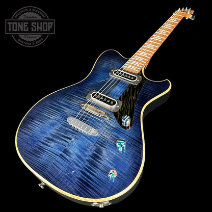 Front angle of Powers Electric A-Type Select Maple Twilight Blue PF42 Firestripe Ebony Cool.