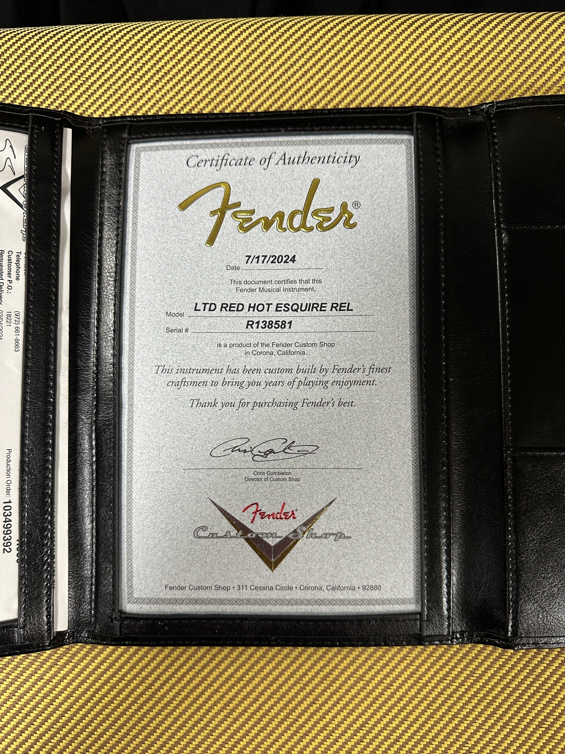 Certificate of authenticity for Fender Custom Shop Limited Edition Red Hot Esquire Relic Super Faded Aged Candy Apple Red.