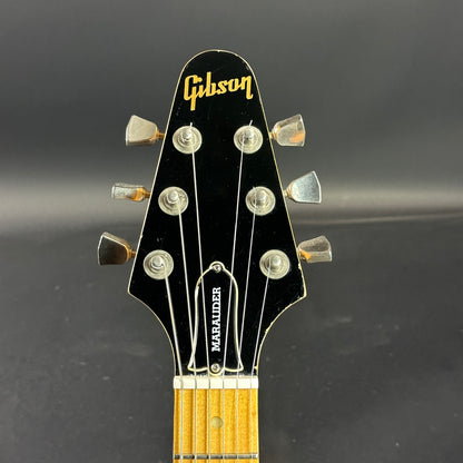 Front of headstock of Vintage 1978 Gibson Marauder Natural.