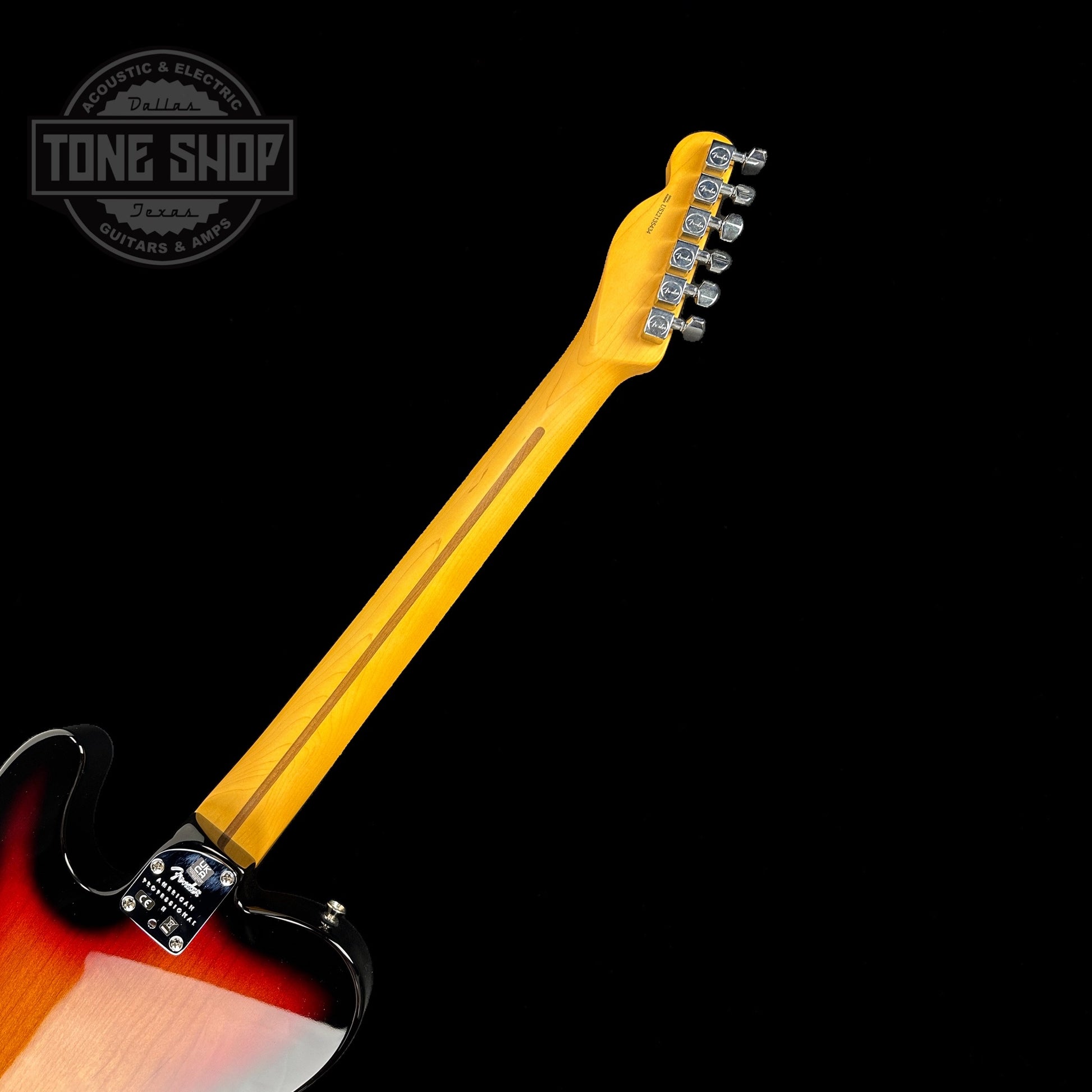 Back angle of Used Fender American Pro II Tele Sunburst.