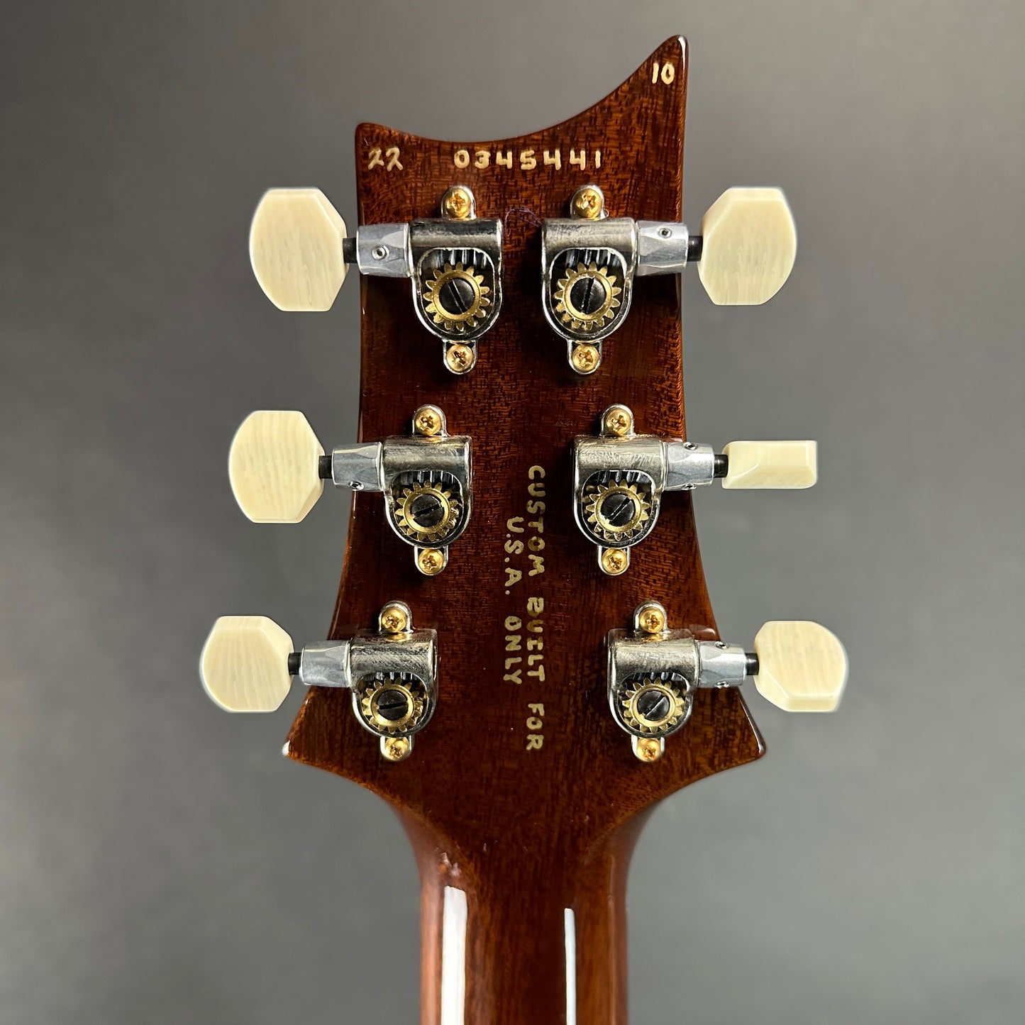 Back of headstock of Used PRS Wood Library DGT David Grissom Quilt Top Livingston Lemondrop Brazilian RW.