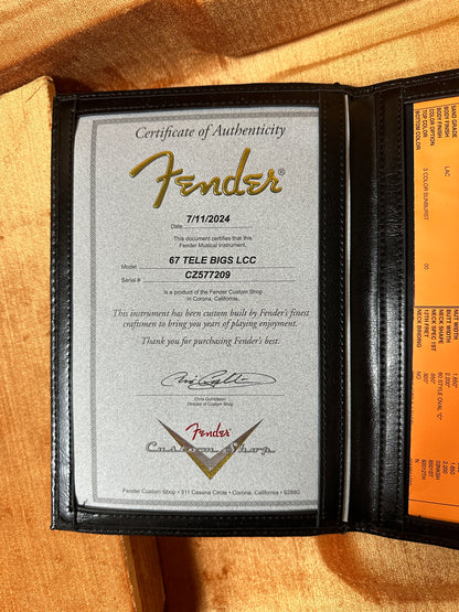 Certificate of authenticity for Fender Custom Shop Time Machine '67 Tele Dlx Closet Classic 3 Color Sunburst.