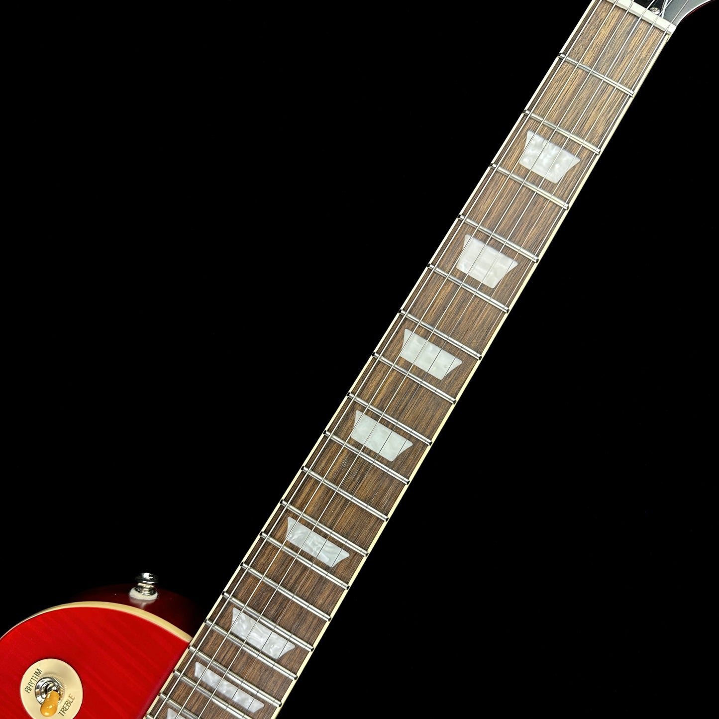 Fretboard of Used Epiphone Limited 1959 Les Paul Standard Aged Dark Cherry Burst.