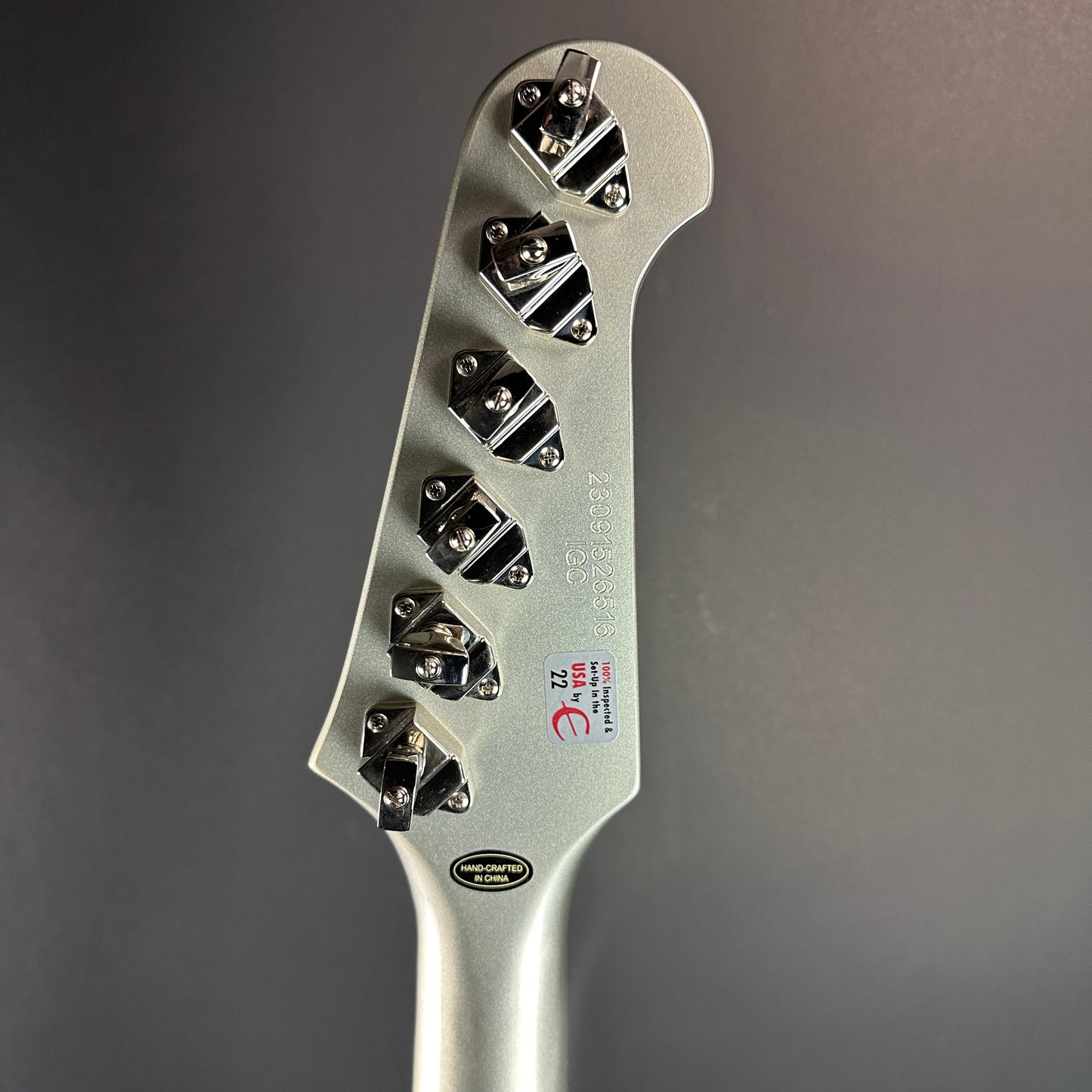 Back of headstock of Used Epiphone Inspired By Gibson Custom 1963 Firebird I Silverburst.