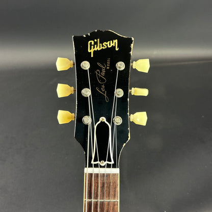 Front of headstock of Used Gibson Murphy Lab Light Aged Double Gold 1957 Les Paul Goldtop Dark Back.