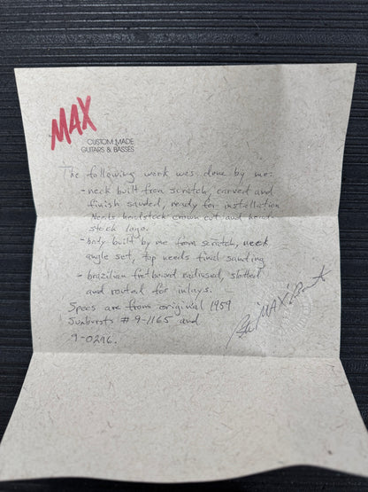 Letter from Max Baranet describing Used Max Guitars By Max Baranet 1959 Replica LP Sunburst w/ Brazillian Board w/case TSS4914