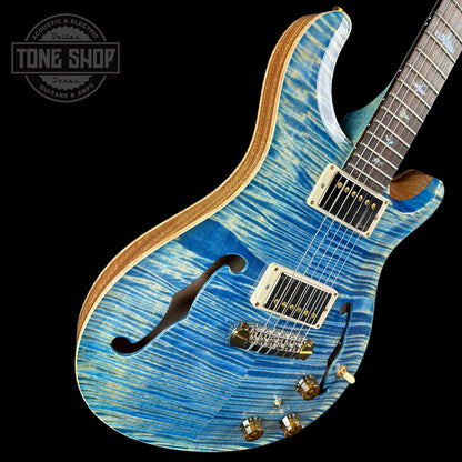 Front angle of PRS Wood Library Hollowbody II Piezo 10-top Faded Blue Jean.