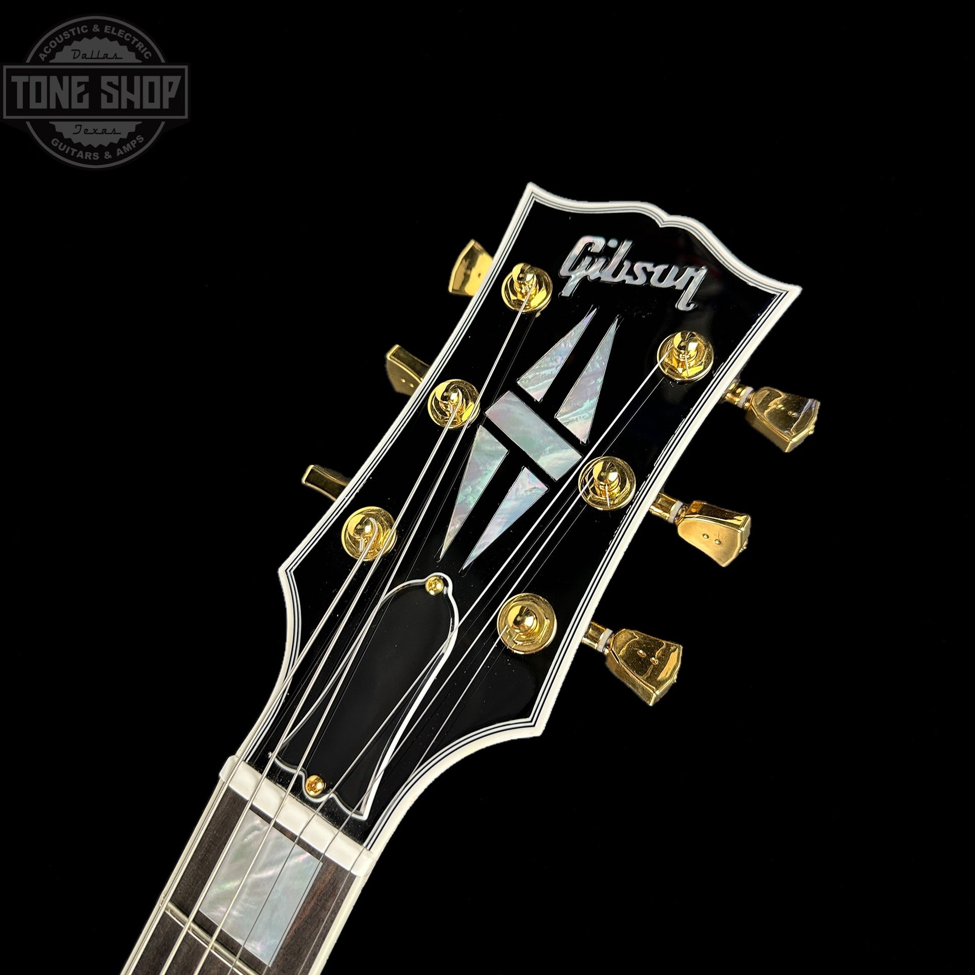 Front of headstock of Used Gibson Custom Shop Les Paul Axcess Custom Figured Top Bengal Burst.