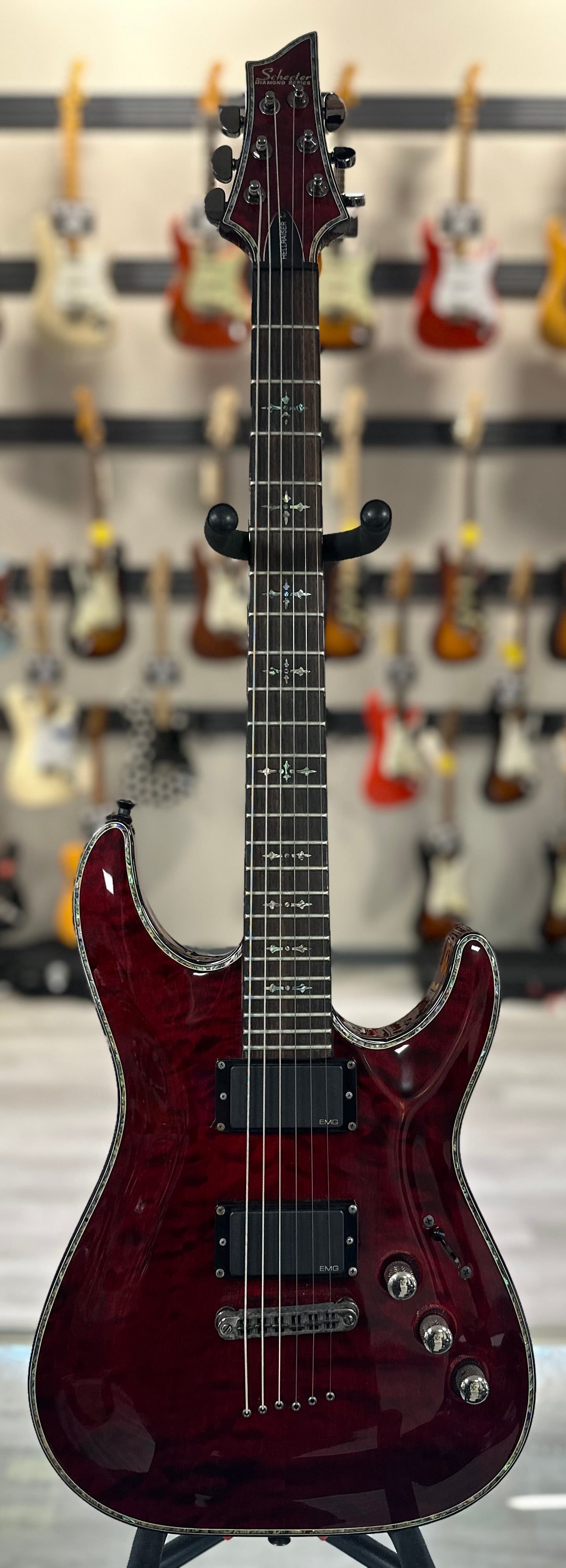 Full front of Used Schecter Hellraiser C-1 Quilt Top Cherry w/case TSS4508