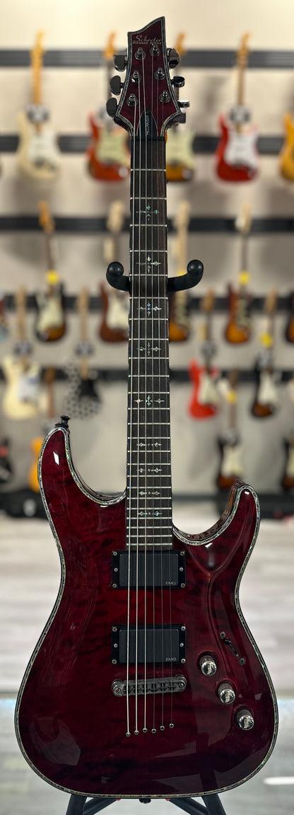 Full front of Used Schecter Hellraiser C-1 Quilt Top Cherry w/case TSS4508