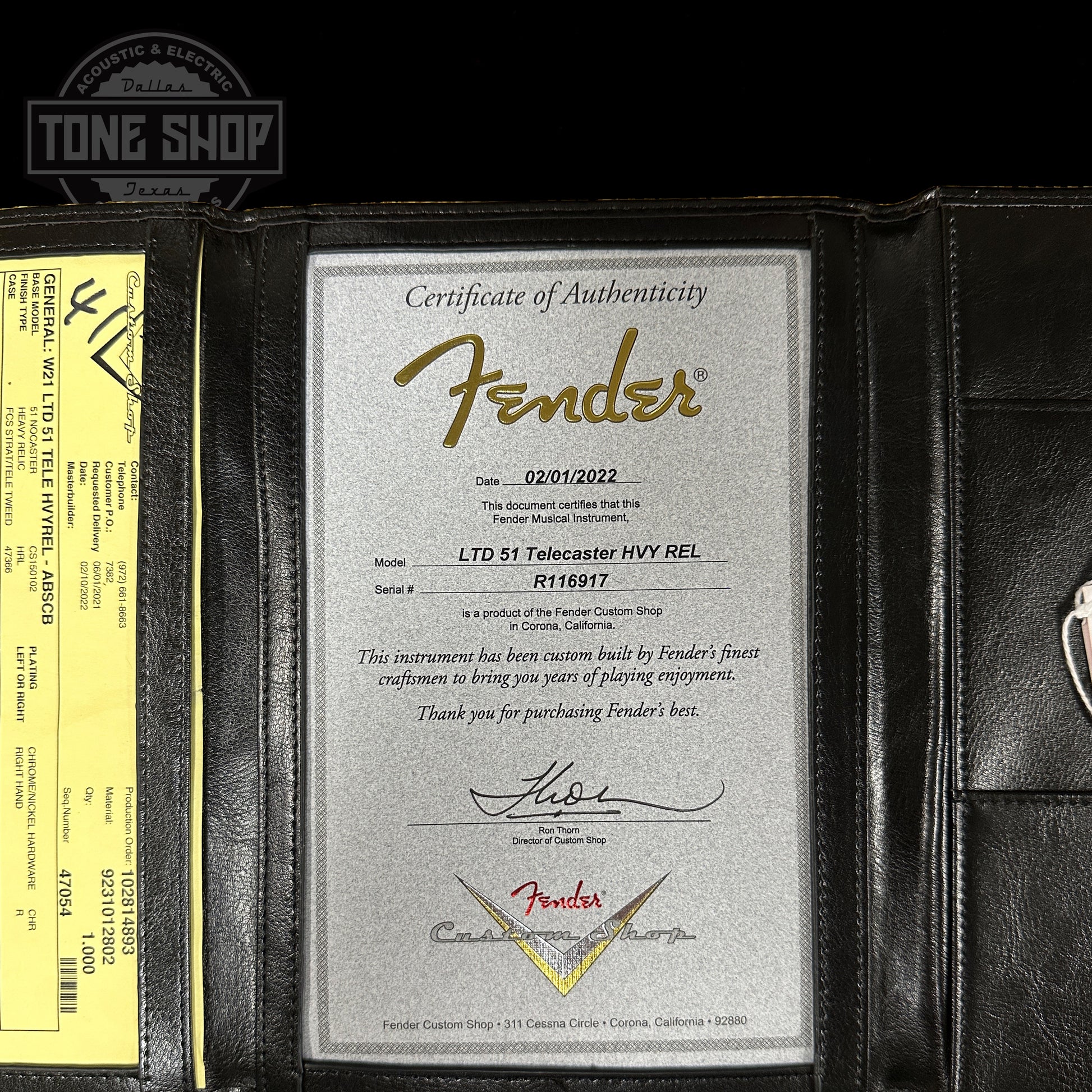 Certificate of authenticity for Used 2022 Fender Custom Shop '51 Telecaster Nocaster Blonde Heavy Relic.