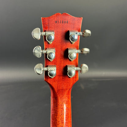 Back of headstock of Used Gibson Custom Shop M2M 1959 Les Paul Standard Reissue Chambered Golden Poppy Ultra Light Murphy Aged.