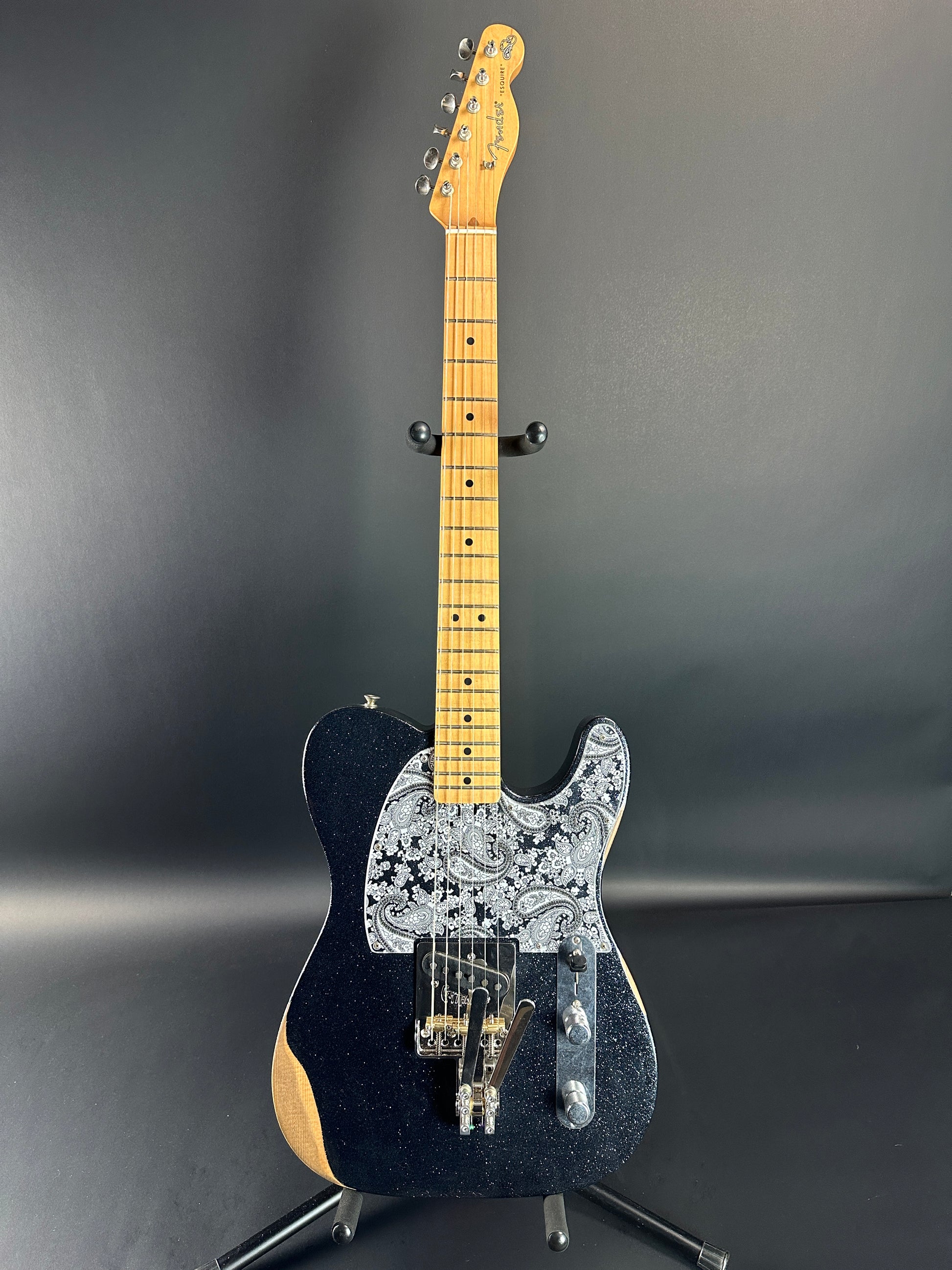 Full front of Used Fender Brad Paisley Esquire Tele Black Sparkle w/Centano T-Bender B&G Bender.