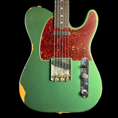 Front of Fender Custom Shop Limited Edition '64 Tele Relic Aged Sherwood Green Metallic.