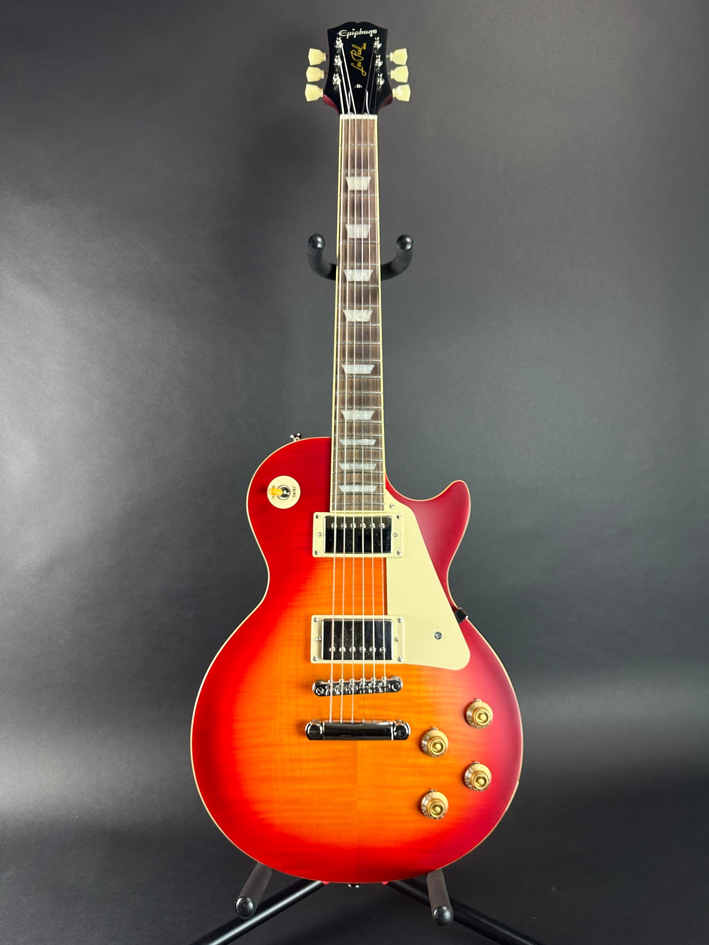 Full front of Used Epiphone Limited 1959 Les Paul Standard Aged Dark Cherry Burst.