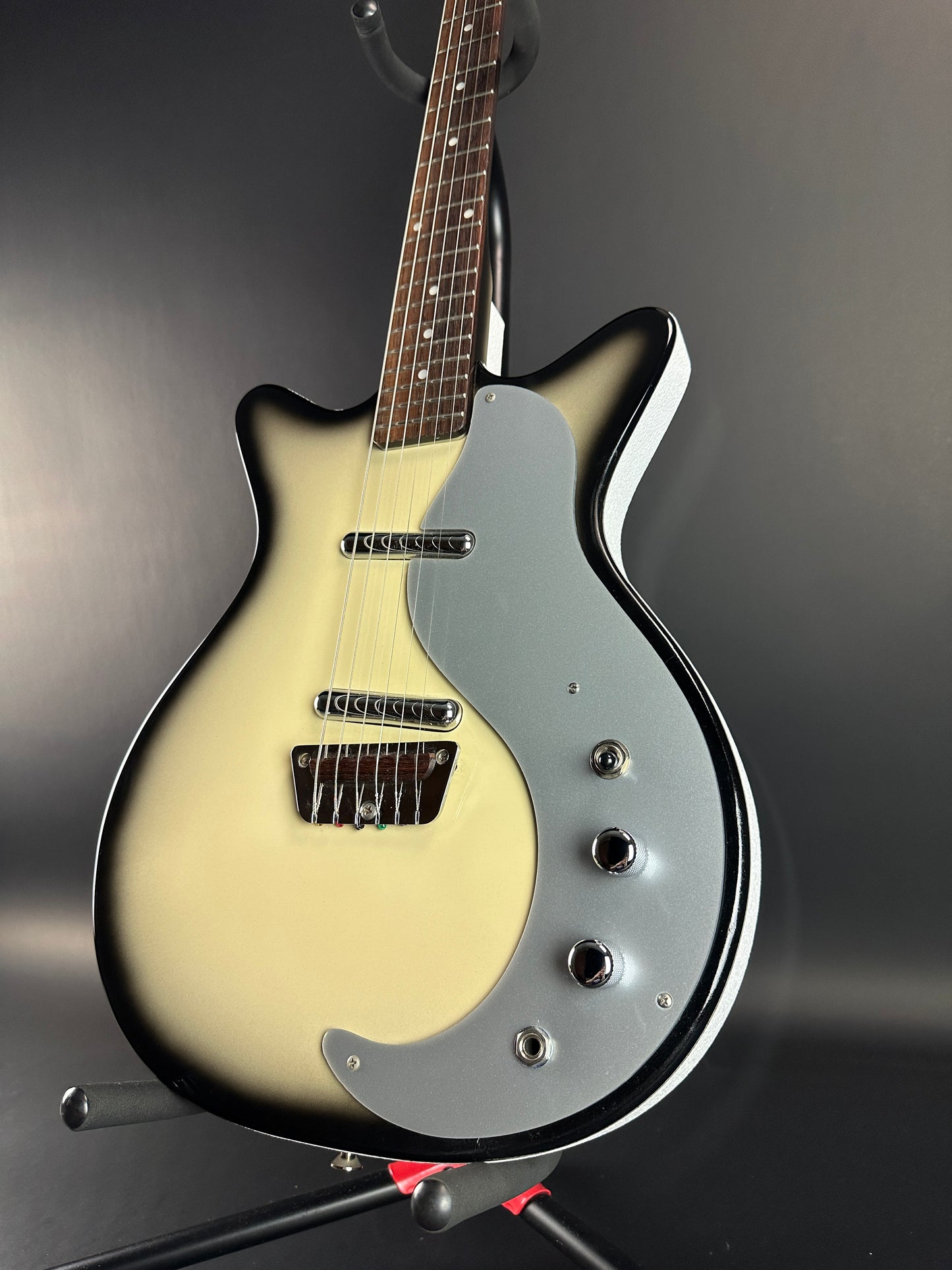 Front angle of Used Danelectro '59 DC Blackburst.