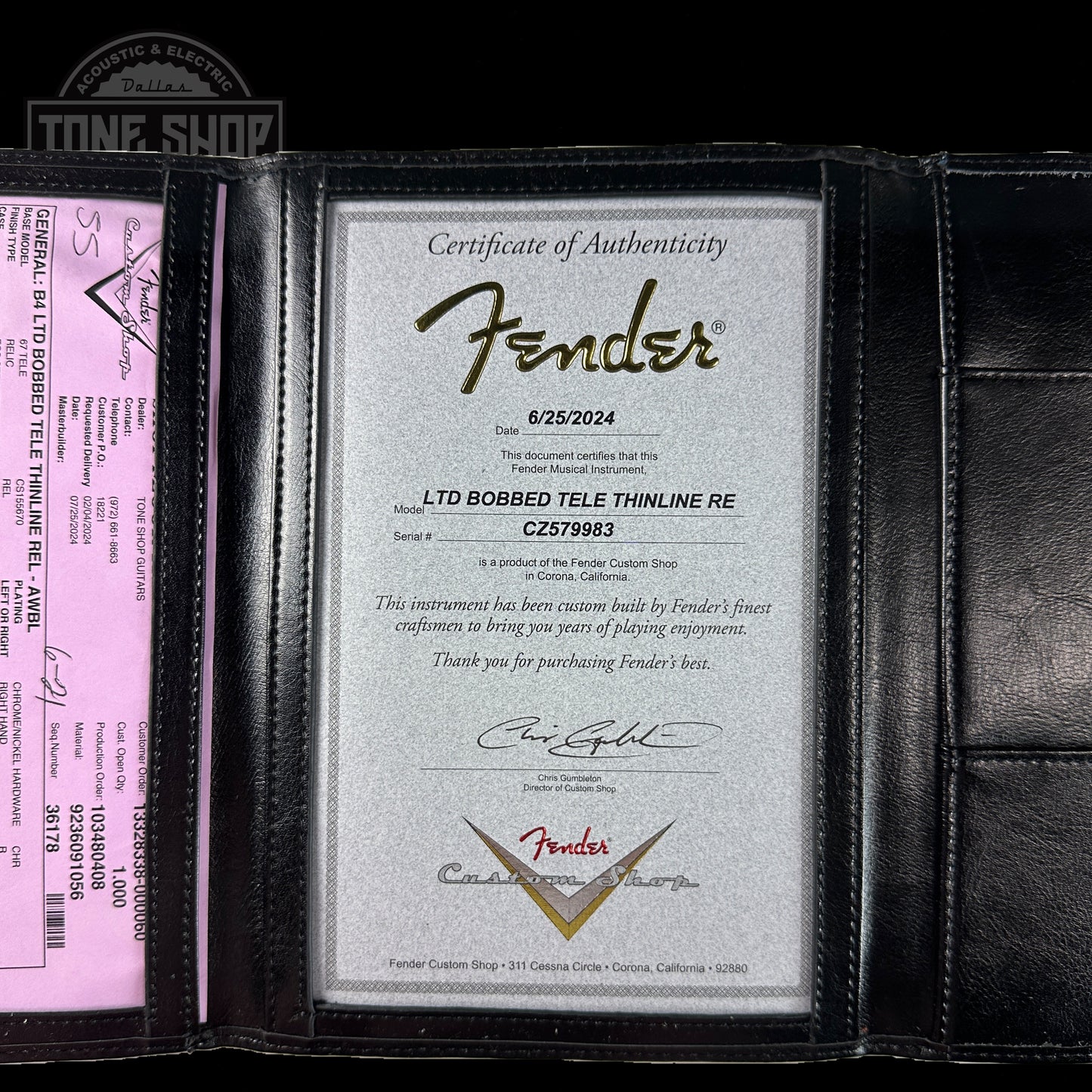 Certificate of authenticity for Fender Custom Shop Limited Edition 'Bobbed" Tele Thinline Relic Aged White Blonde.