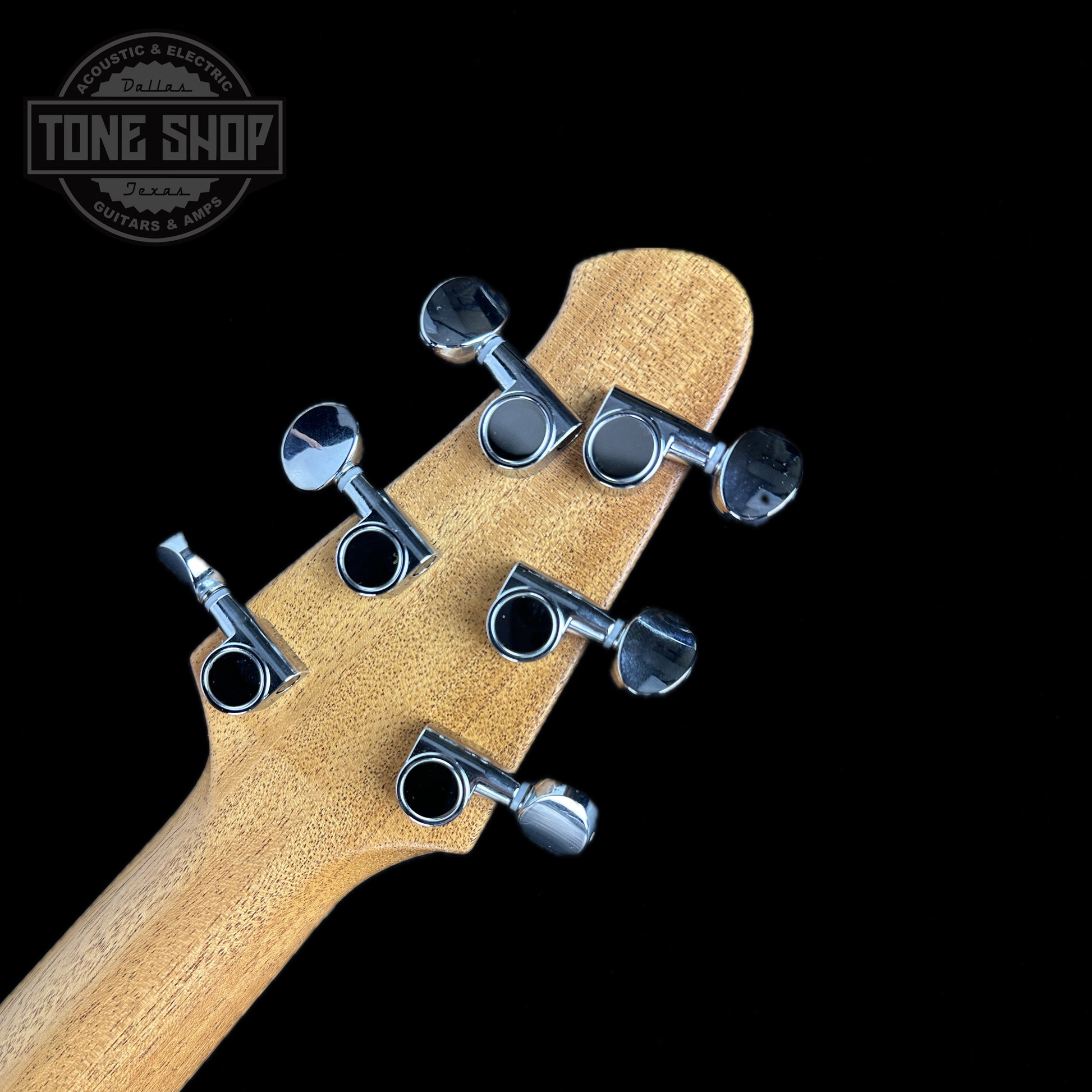 Back of headstock of Powers Electric A-Type Crayon Gray PF42 Firestripe Ebony Neutral CamTail.