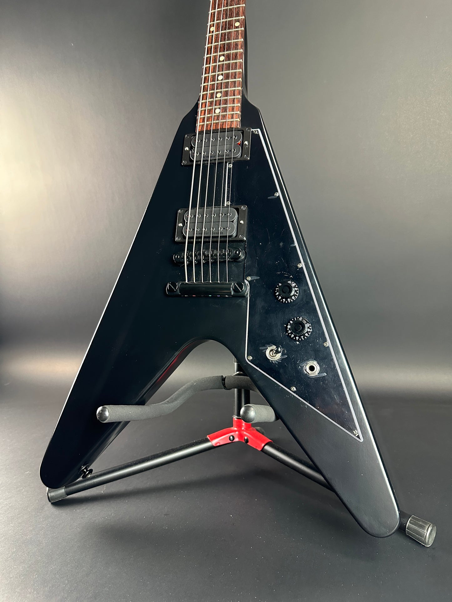 Front angle of Used Gibson flying V B2 Black.