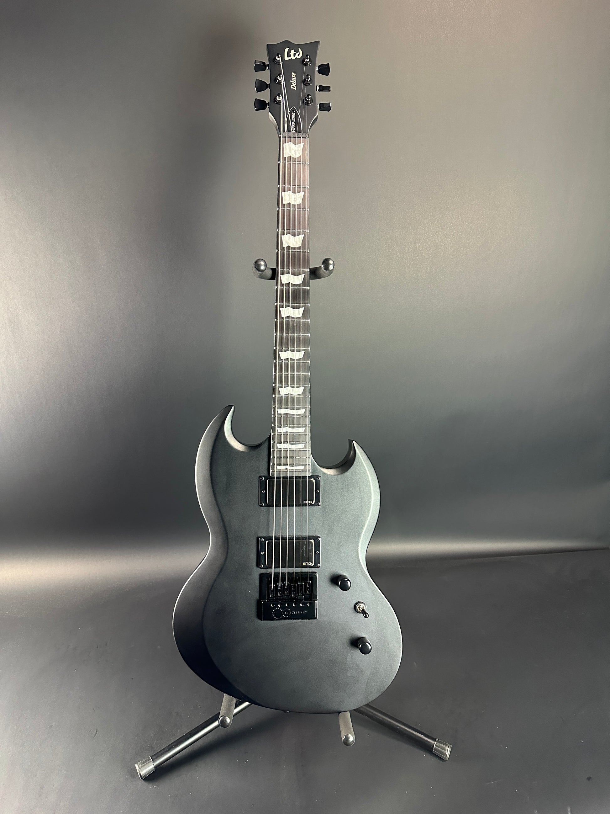 Full front of Used ESP LTD Viper 1000 Deluxe Satin Black.