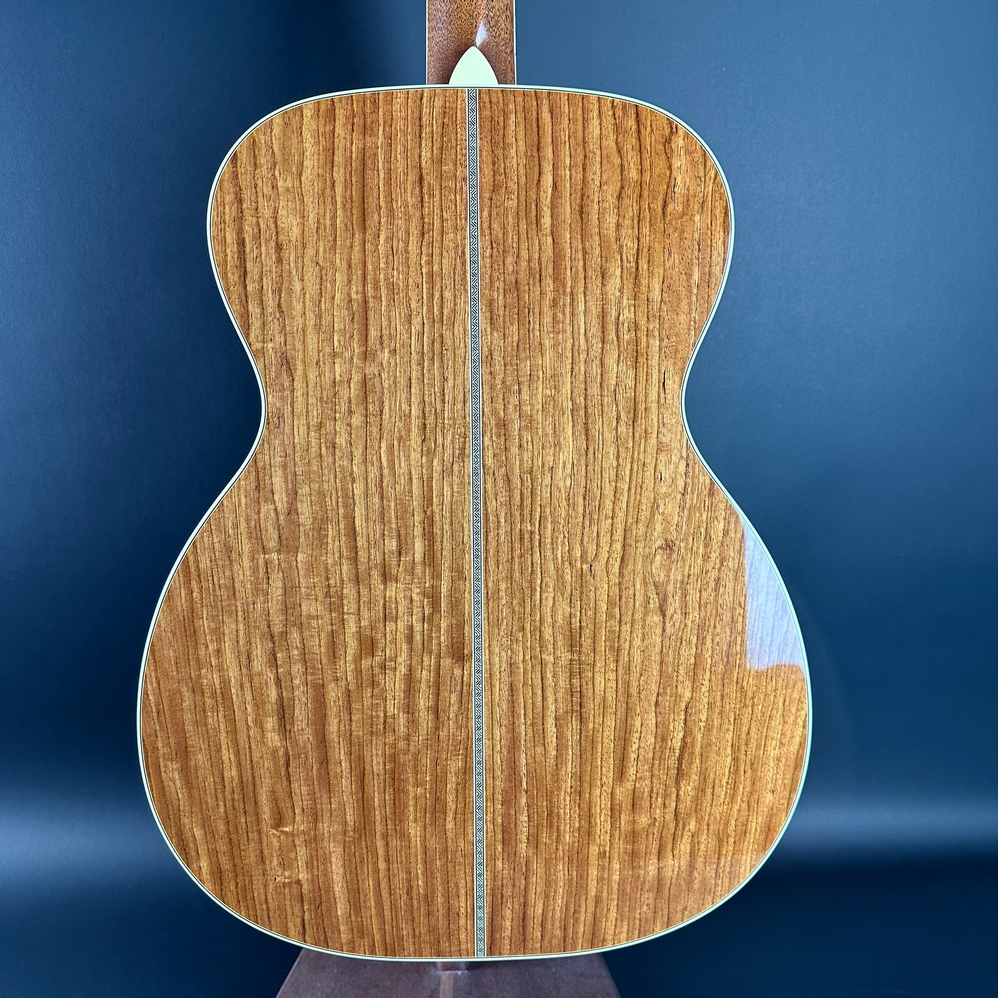 Back of Used Bourgeois Panama Red OM Large Soundhole Aged Adirondack.