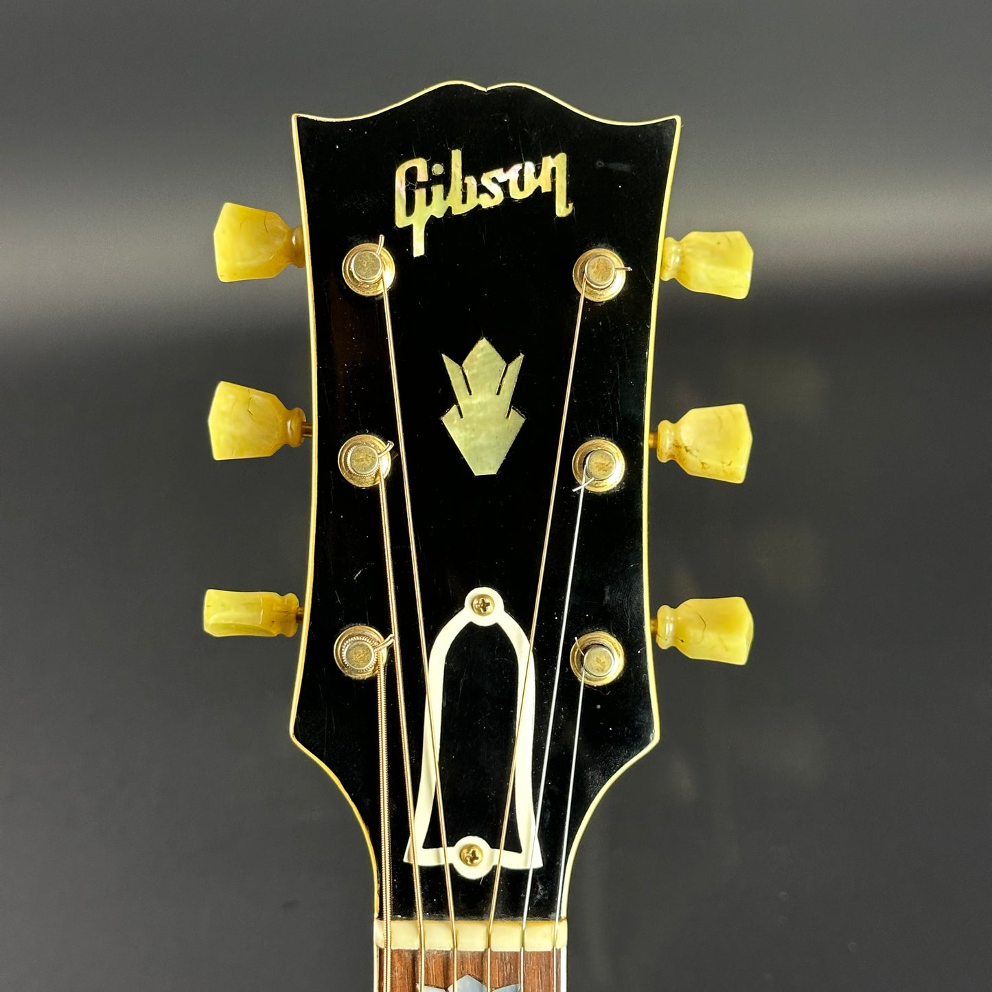 Front of headstock of Vintage 1954 Gibson SJ-200 Sunburst.