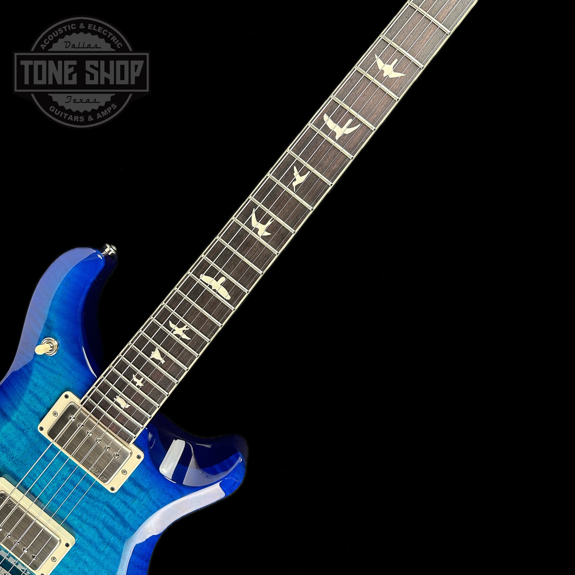 Fretboard of PRS S2 McCarty 594 2024 Spec TSG Flame Top Lake Blue.