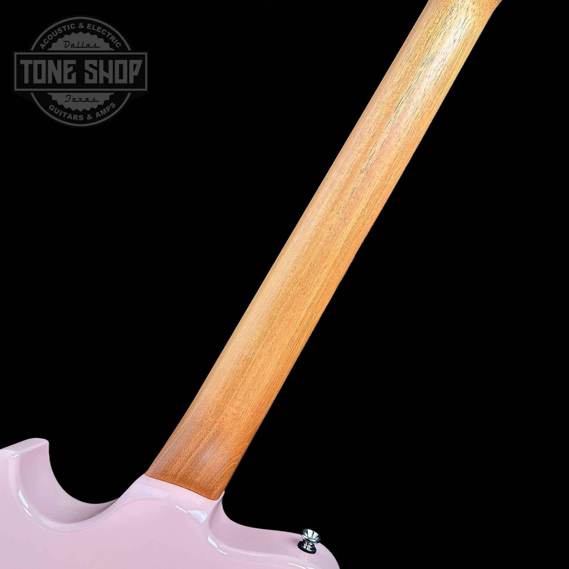 Back of neck of Powers Electric A-Type Cochon PInk PF42 Pearl Ebony Cool CamTail.