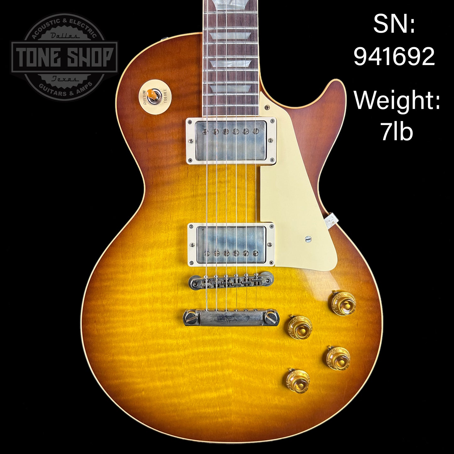 Front of serial number 941692 of Gibson Custom Shop Dealer's Choice 1959 Les Paul Standard Chambered Slow Iced Tea Fade (Tejas Burst) VOS.