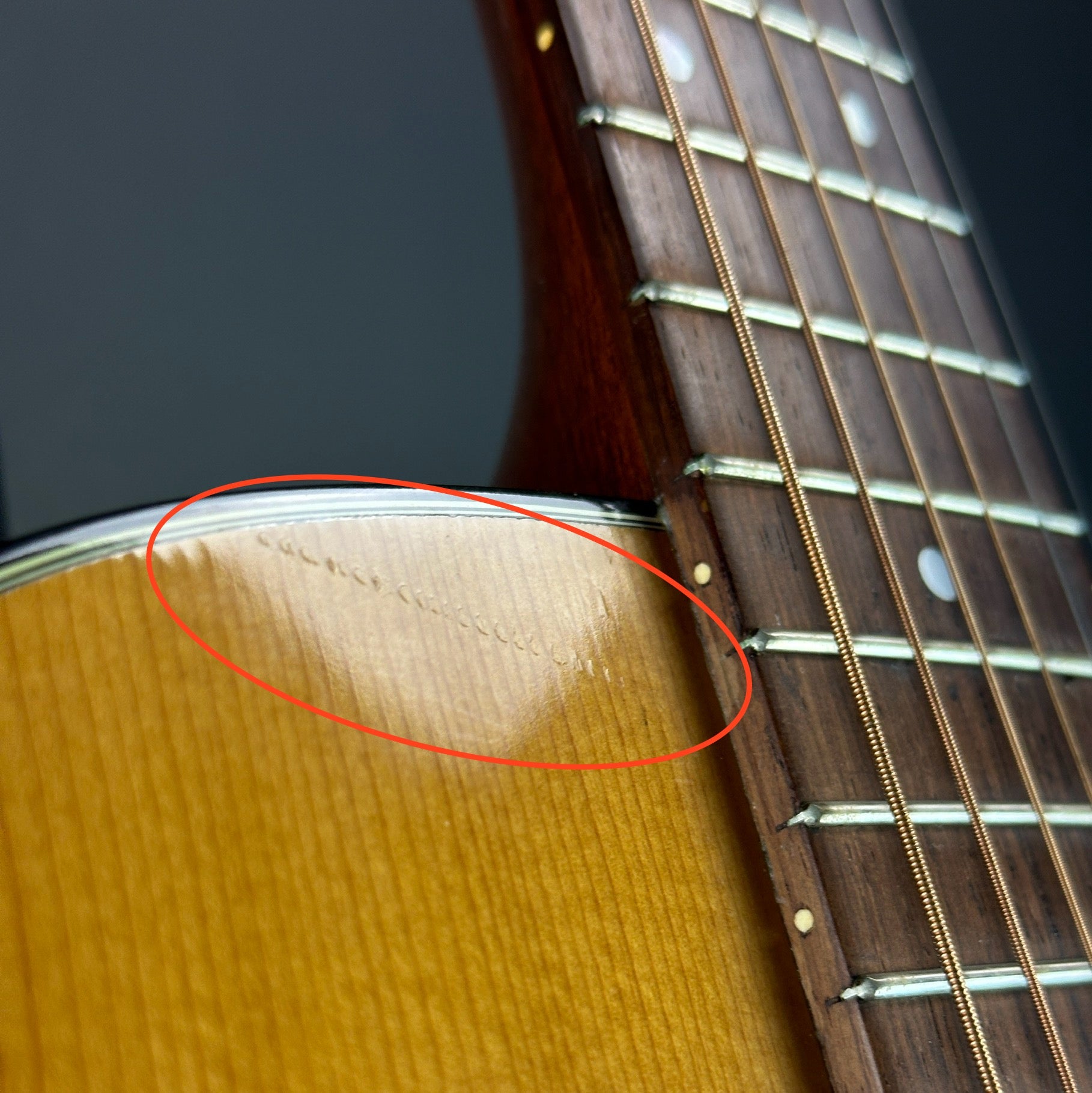 Mark near fretboard of Vintage 1971 Martin 0-18.