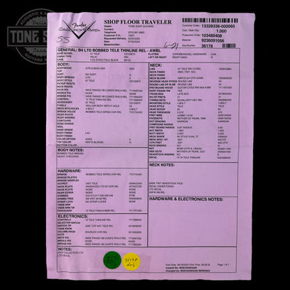 Spec sheet for Fender Custom Shop Limited Edition 'Bobbed" Tele Thinline Relic Aged White Blonde.