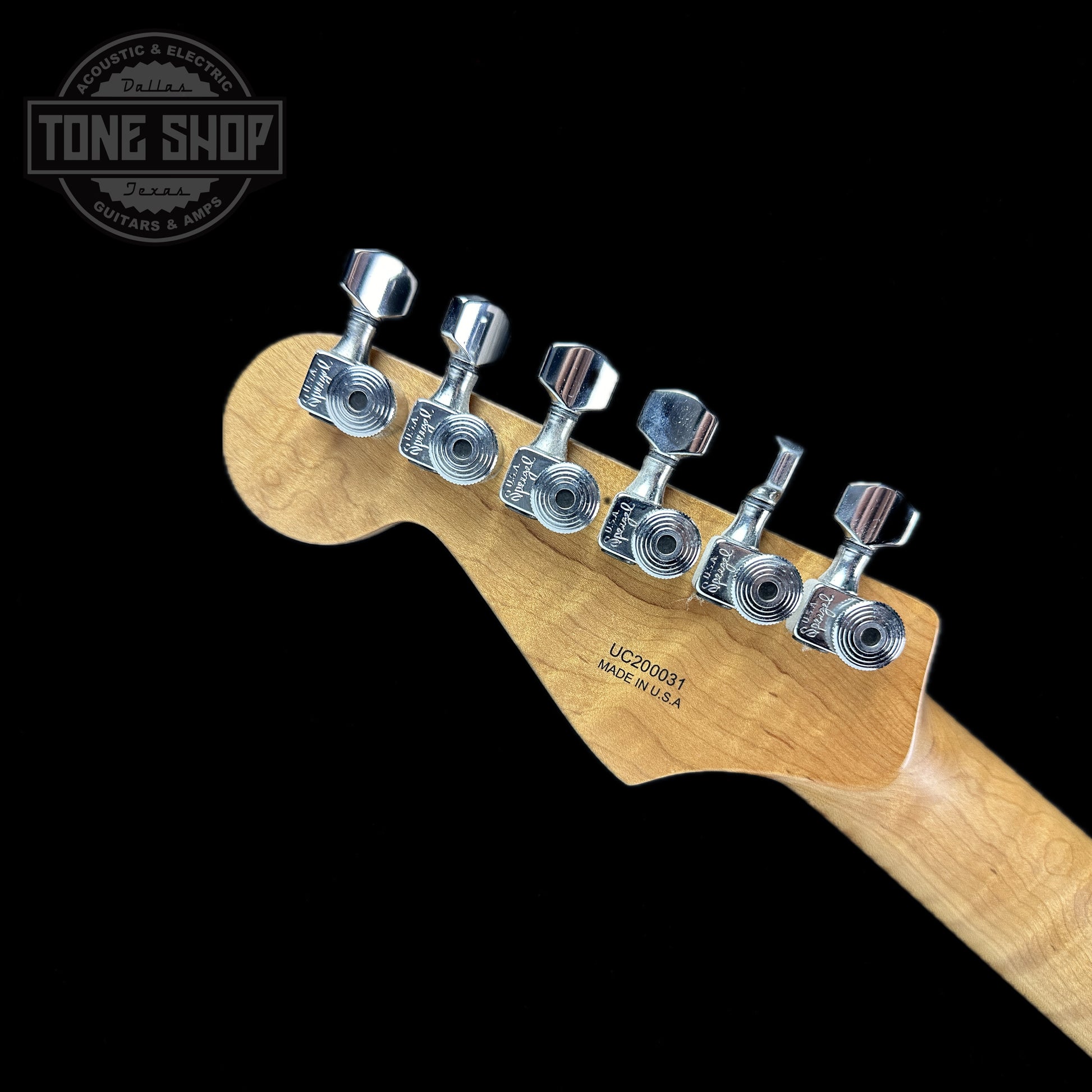 Back of headstock of Used Charvel USA Select DK24 HSS Blueburst.