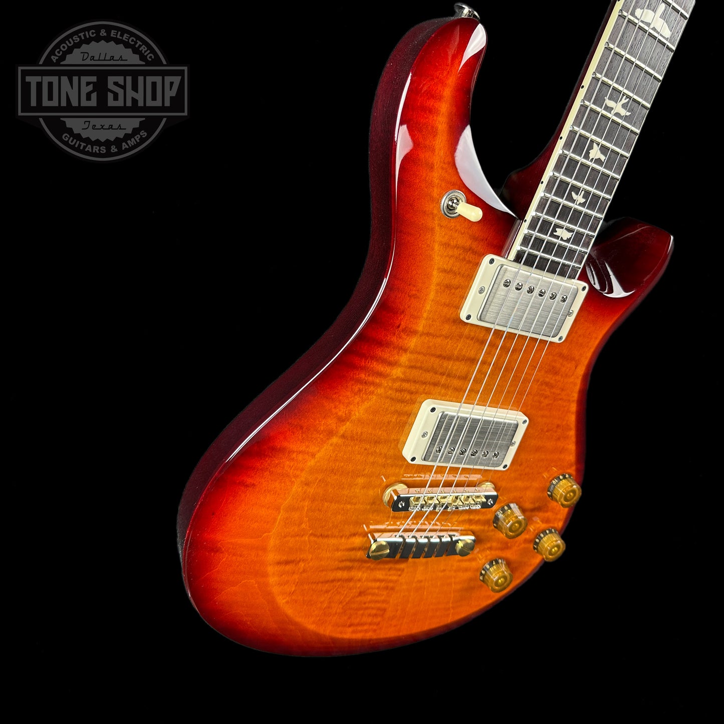 Front angle of PRS S2 McCarty 594 2024 Spec TSG Flame Top Dark Cherry Sunburst.