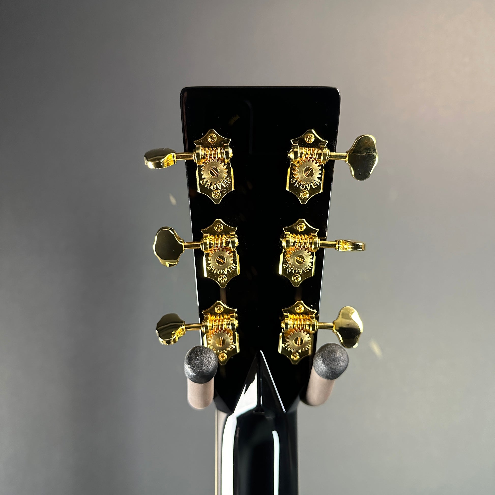 Back of headstock of Martin Custom Shop Black OM-45 Tree of Life Sitka/EIR.