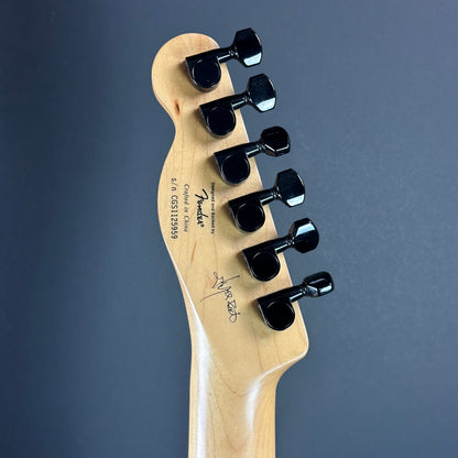 Back of headstock of Used Squier Jim Root Tele White.