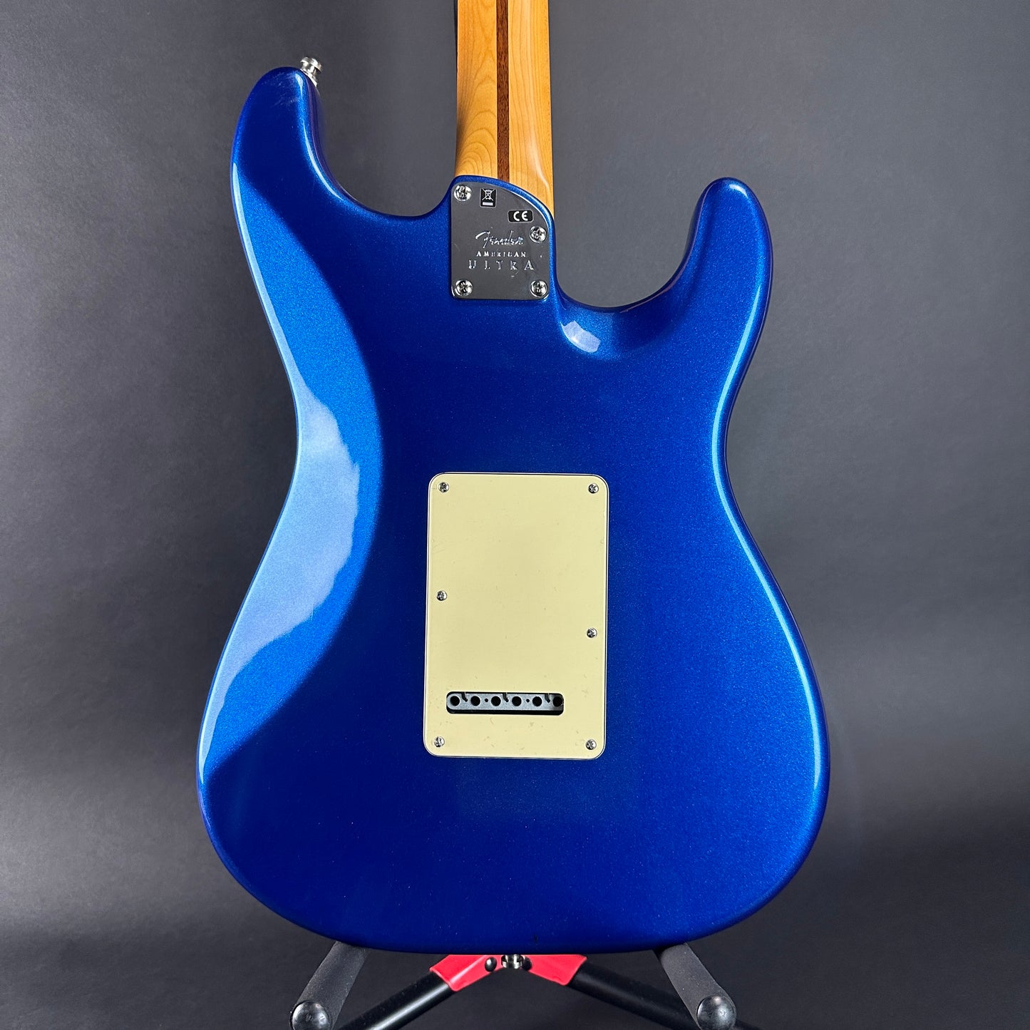 Back of Used Fender American Ultra Stratocaster Left Hand Cobra Blue.