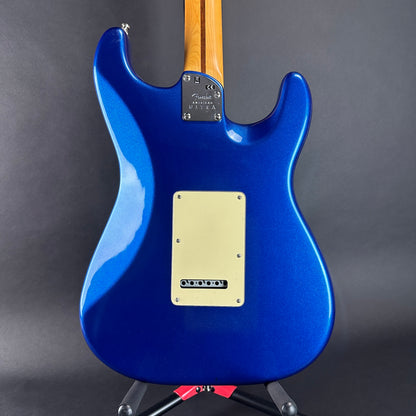 Back of Used Fender American Ultra Stratocaster Left Hand Cobra Blue.