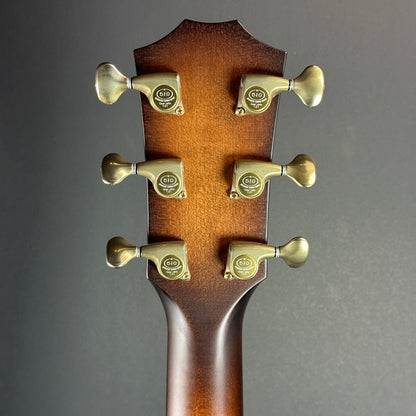 Back of headstock of Used Taylor 614ce Builder's Edition Natural.