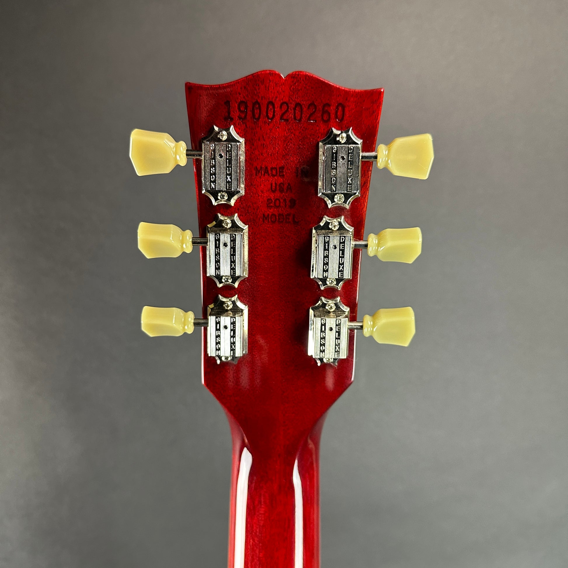 Back of headstock of Used 2019 Gibson '61 Reissue SG Cherry.