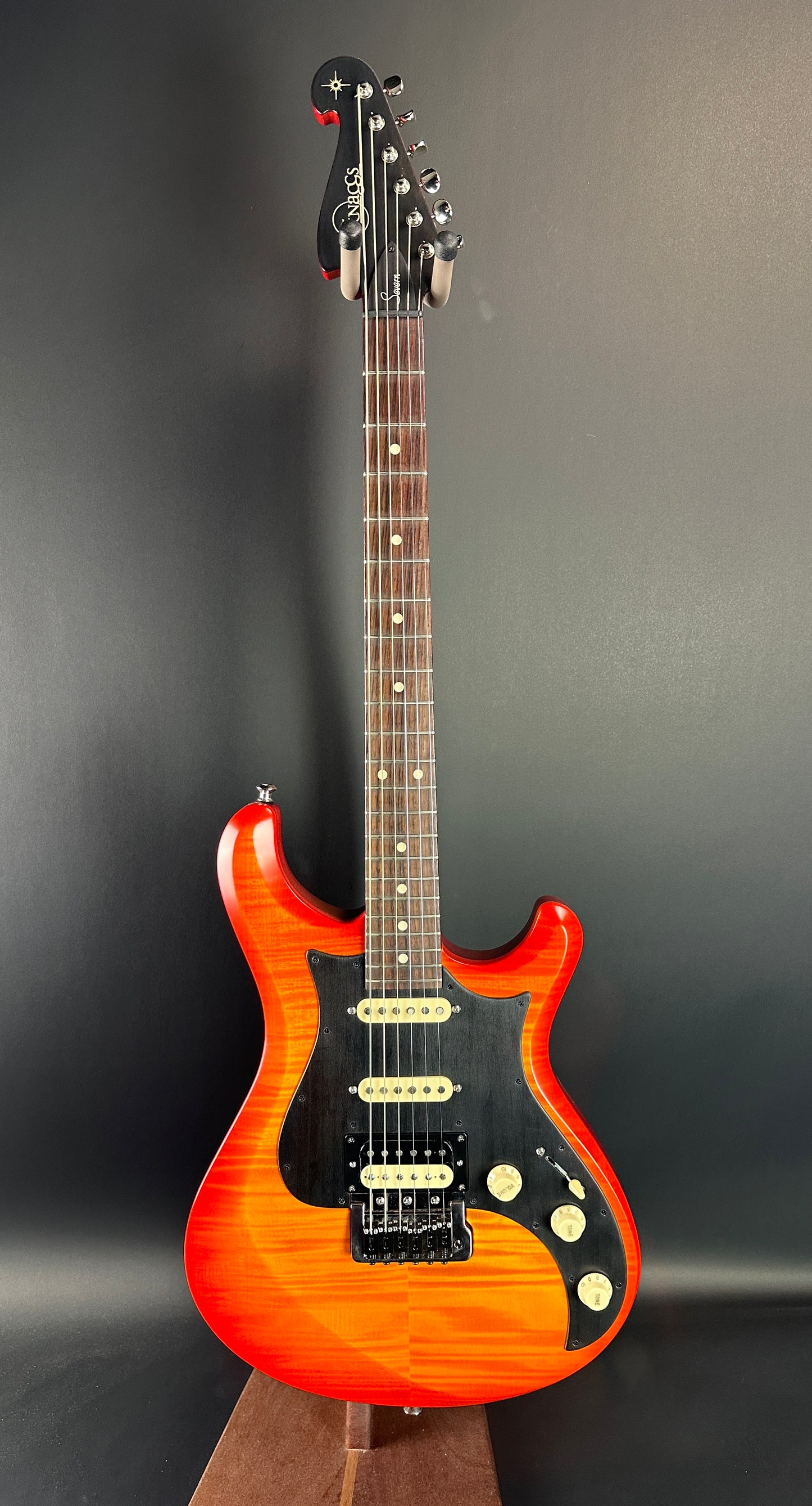 Full front of Used Knaggs Severn HSS Cherry Sunburst.