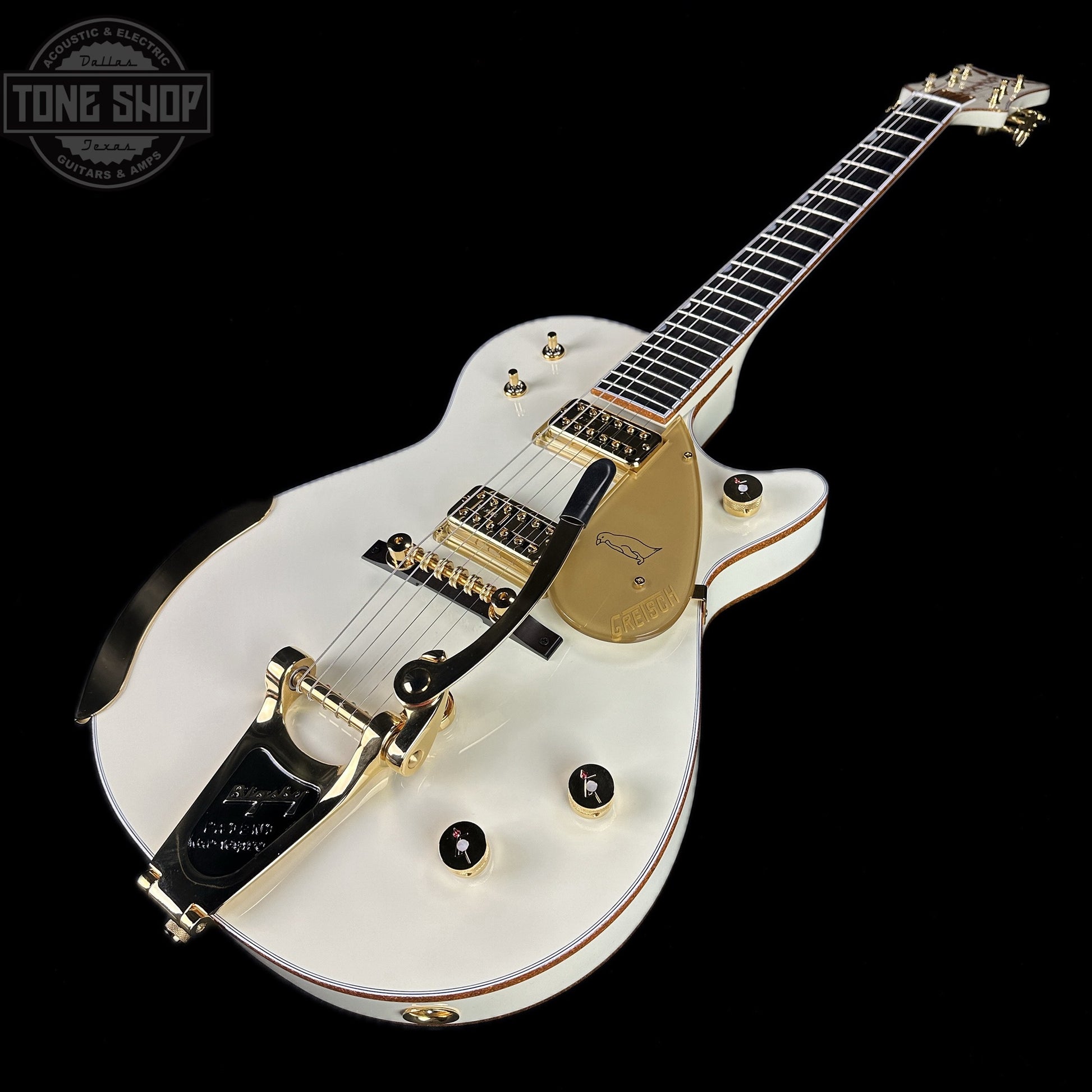 Front angle of Used Gretsch G6134T-58 Vintage Select Edition 58 Penguin Vintage White.