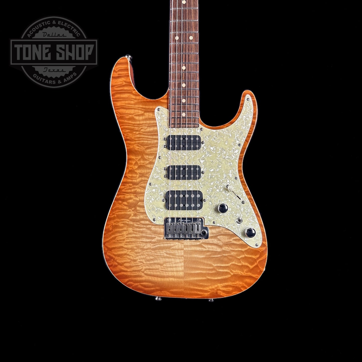 Front of body of Used 2008 Tom Anderson Drop Top Classic Natural Honey Burst.