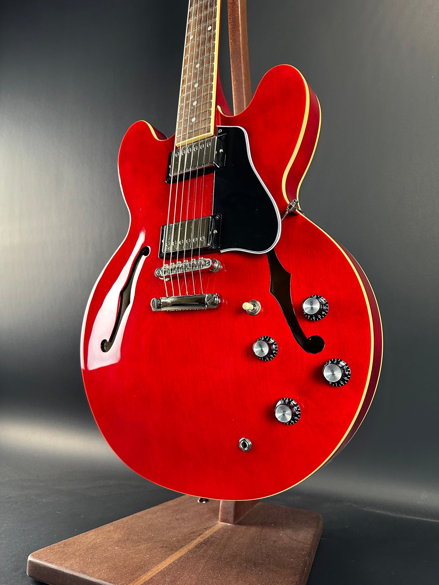 Front angle of Used Epiphone 335 IG Cherry Red.