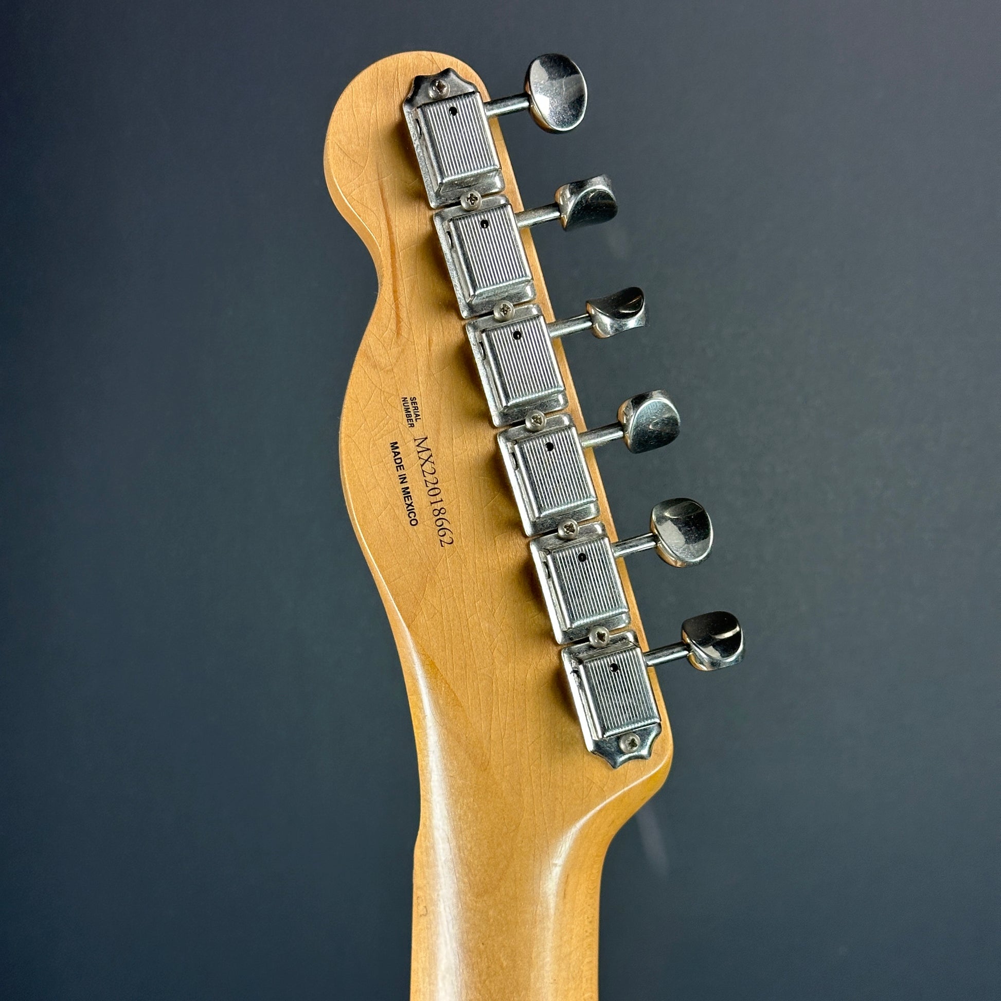 Back of headstock of Used Fender Brad Paisley Esquire Tele Black Sparkle w/Centano T-Bender B&G Bender.