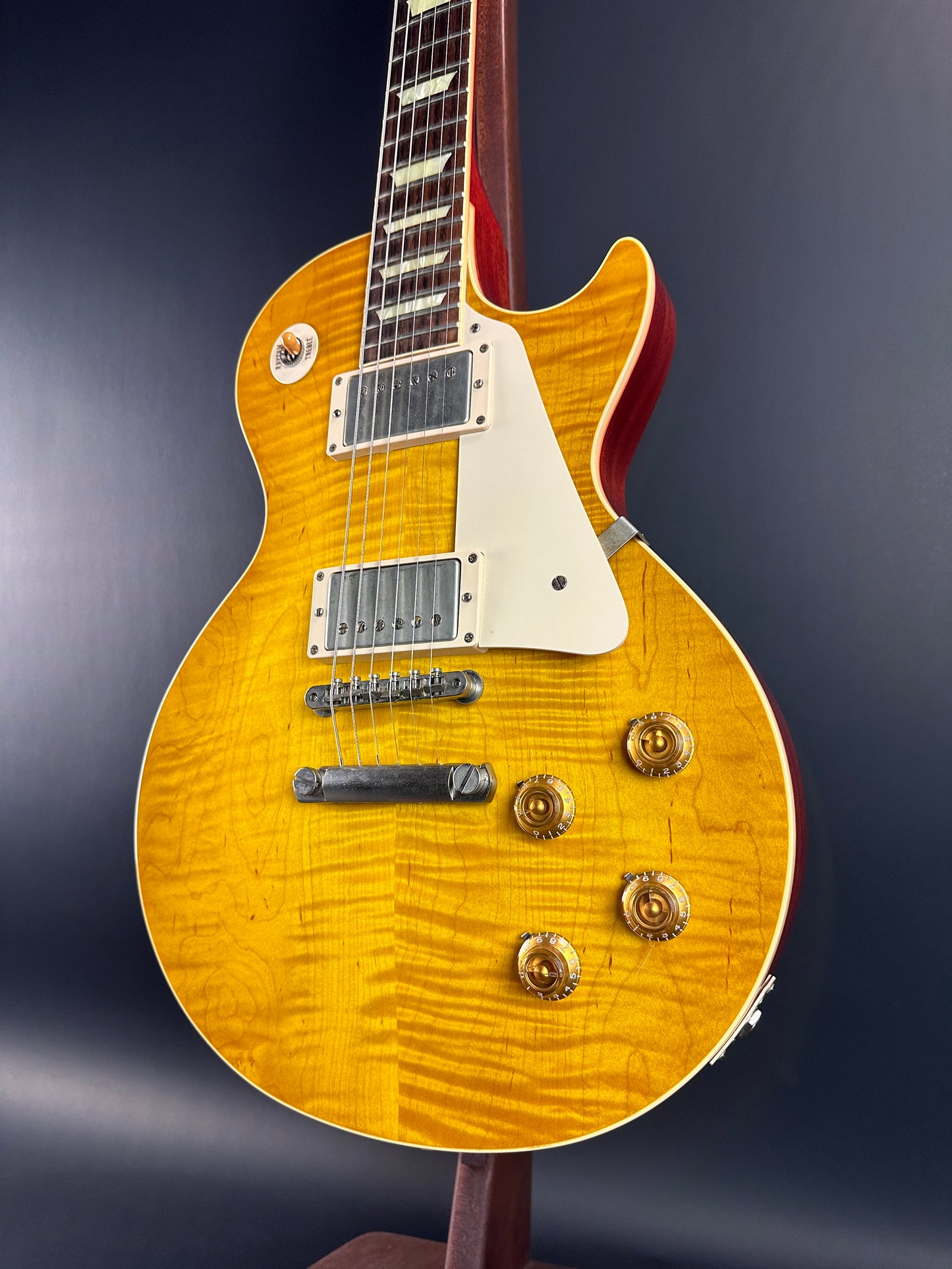 Front angle of Used Gibson 1958 Reissue Les Paul VOS Lemonburst.